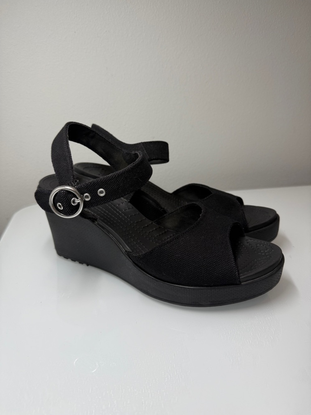 CROCS Black Crocs Busy Day Strappy Canvas Wedge Sandals with Ankle Buckle